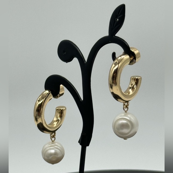 INC Gold Tone Open Hoop with Dangling Faux Pearl Purple Crystal Post Earrings - Picture 8 of 13